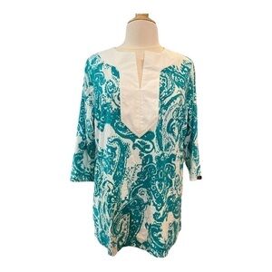 Ralph Lauren, Turquoise and White 100% Cotton Tunic Blouse Size 1X